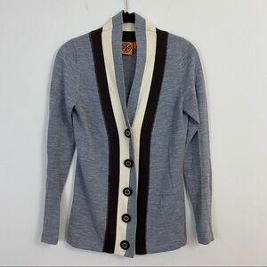 Tory Burch Caz Cardigan 100% Wool Grey Chimney Melange Colorblock Stripe Gray XS